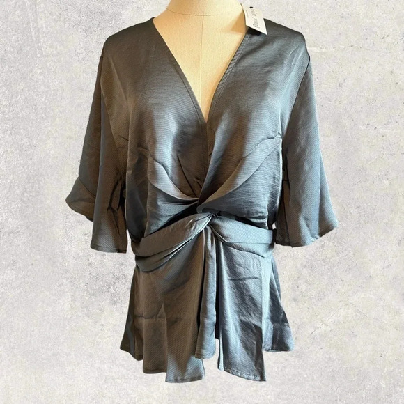 Bishop + Young GRAY Blouse Size LARGE NEW V Neck Flutter Sleeve Top Side Zipper - Picture 5 of 6